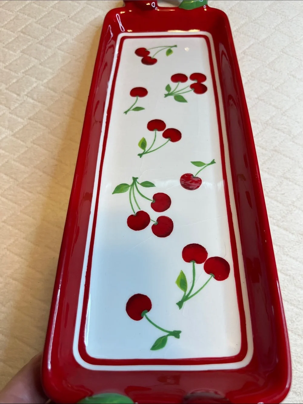 Cherry-Pattern Ceramic Serving Tray in Red and White